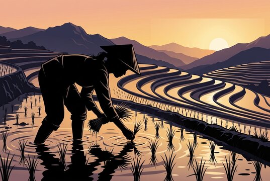 Generated ai Farmer Plants Rice In Terraced Field Under Majestic Golden Sunset