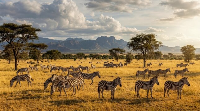 Herd of zebras grazing in a golden savanna under a dramatic sky.