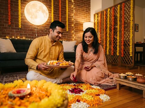 Indian couple celebrating diwali festival at home with traditional decorations