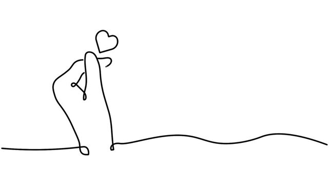 korean finger heart love pose One line continuous drawing animation. animated hand- drawn banner lineart illustration design. isolated sign symbol monoline video black outline on white backdrop bg