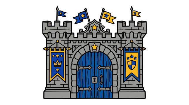 Medieval castle gate with flags.
