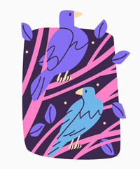 Obraz premium Two crows sitting on tree branches. Halloween flat retro vector illustration