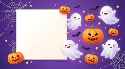Fototapeta premium Cute cartoon halloween frame with ghosts and pumpkins on purple star background