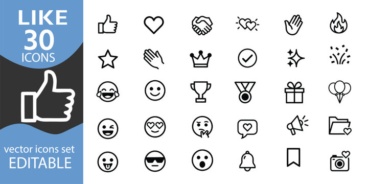 30 black line vector icons representing likes appreciation positive feedback and social engagement