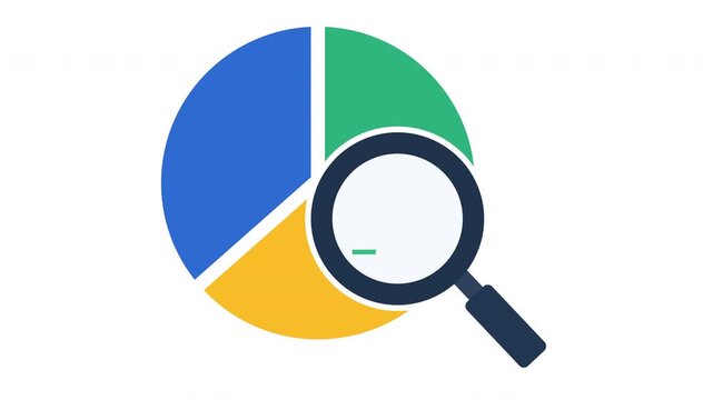 Magnifying glass searching pie chart data, market research and financial analysis flat vector motion graphics animation video