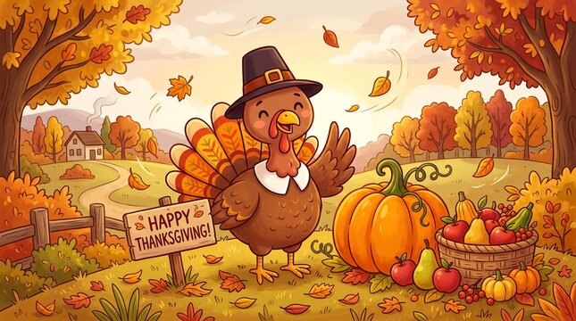 Happy Thanksgiving cartoon turkey illustration, cute pilgrim turkey bird in autumn landscape, fall harvest scene with pumpkin and apples