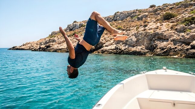 Man performing backflip from boat into blue sea.