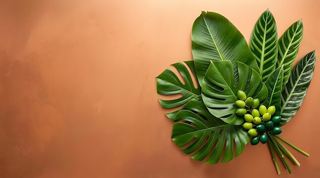 Fresh tropical leaves and exotic green fruits on terracotta background with copy space, beautiful tropical leaves for spa and wellness concept, lush tropical leaves flat lay arrangement.