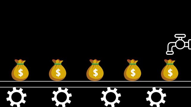 Flat animation of money bags on a line above gears with a faucet, Business money flow savings and financial growth animated, Money bags with gears and faucet animted