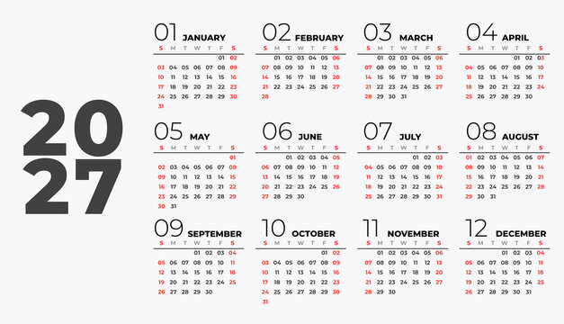 Yearly Calendar 2027 Planner vertical Layout 