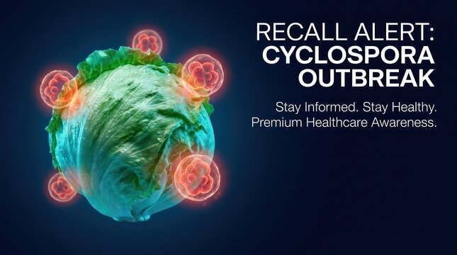 Lettuce head with microscopic pathogens, recall alert cyclospora outbreak warning.