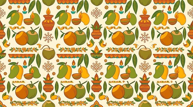 Traditional indian festival seamless pattern with mangoes and lamps