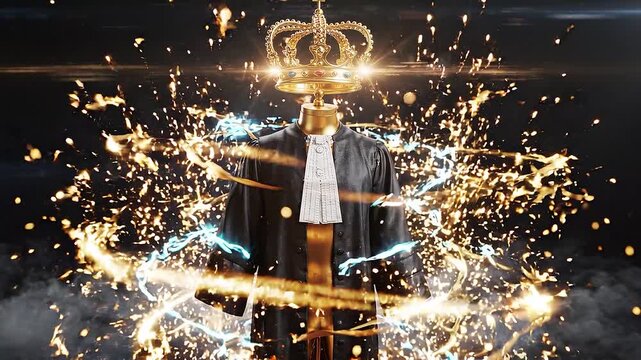 Golden crown with sparkling particles and magical light effects on dark background luxury premium royalty concept 3D illustration abstract