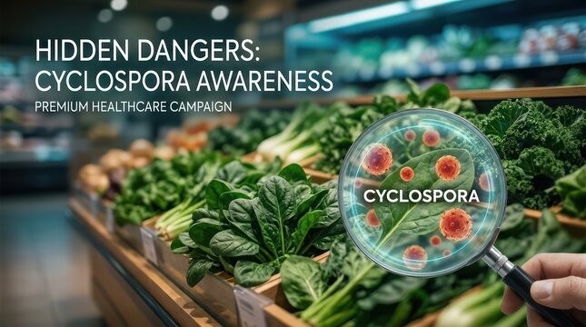 Magnifying glass examines fresh produce for cyclospora parasite in supermarket produce section.