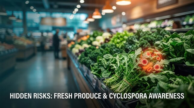 Fresh produce in grocery store with highlighted cyclospora parasite on spinach leaves.