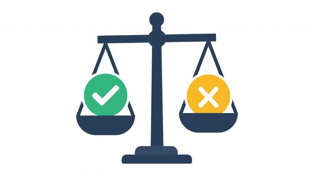 Balance scale with checkmark and cross mark icons, business decision evaluation and legal choice flat vector motion graphics animation video