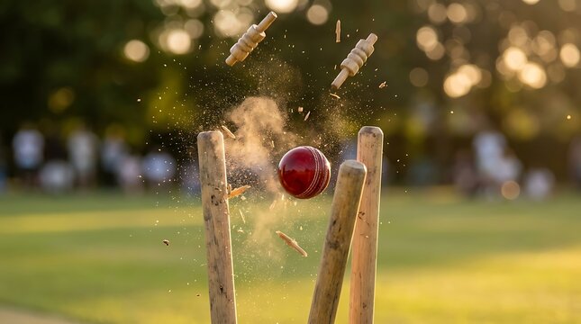 Cricket ball hitting the wickets and dislodging bails during a match