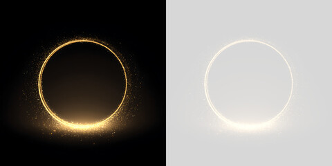 Obraz premium Glowing golden circular frame with sparkling glitter dust. Luxurious shiny light ring on black and transparent backgrounds. Copy space for text
