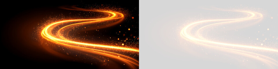 Luminous golden light streak with sparkling dust. Dynamic glowing magic wave on black and transparent background. Abstract energy swirl overlay © Pro_Light