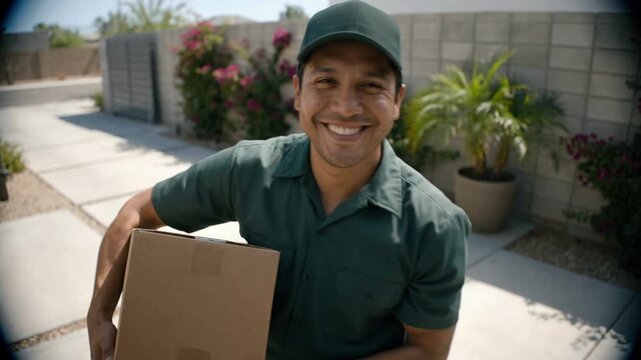 Smiling Delivery Man Holding Cardboard Package at Front Door
