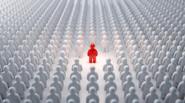 Talent acquisition and leadership concept highlighting a unique red figure standing out from a crowd of white generic people. Leader concept in big crowd.
