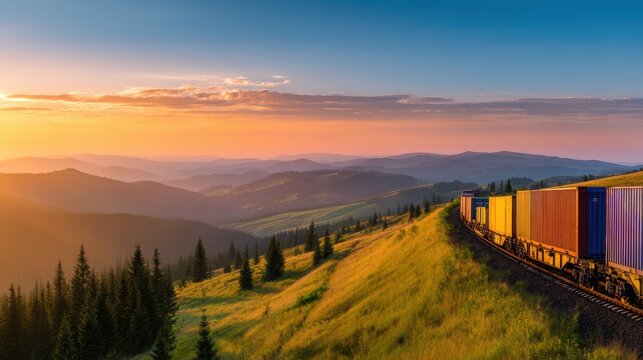 A colorful train of containers winds through rolling hills under a vibrant sunset sky