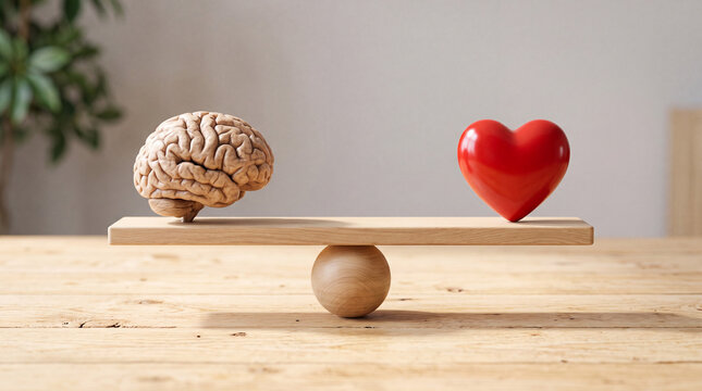 Business leadership and emotional intelligence balance concept featuring brain and heart on wooden scale. Mind & Heart equail concept.

