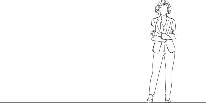 continuous line drawing of a confident businesswoman standing with arms crossed, line art vector illustration
