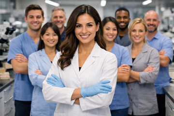 Fototapeta premium Dental laboratory team standing together in modern facility