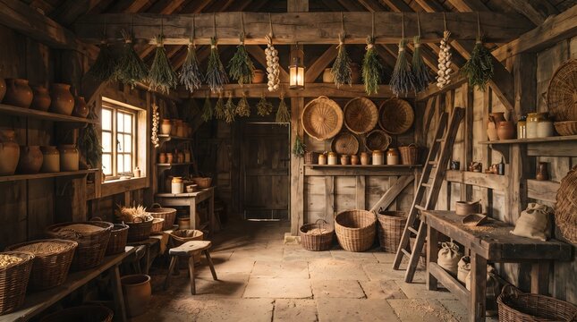 Rustic Medieval Workshop Interior with Storage Baskets and Wooden Shelves