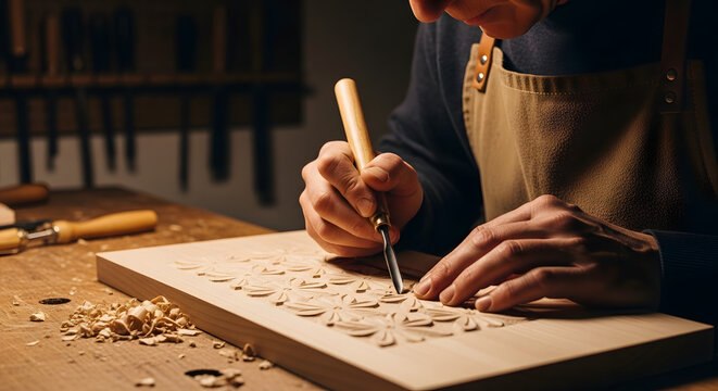 A detailed shot of a wood carver using a gouge chisel to create a repetitive floral relief pattern on a wooden plank