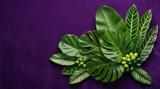 Tropical leaves on dark purple background, luxury botanical arrangement of tropical leaves with copy space, lush green tropical leaves for banner and wallpaper design