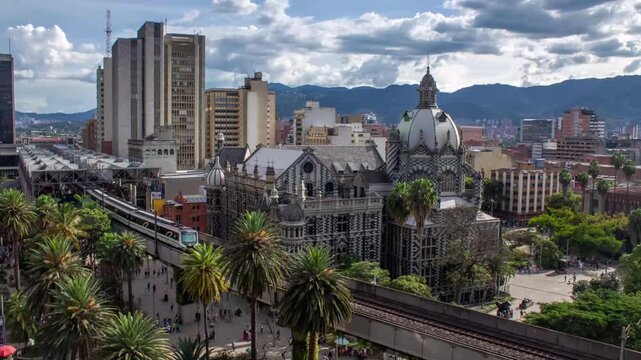 Medell&iacute;n, Antioquia, Colombia. May 15, 2026: Timelapse of Palacio de la Cultura Rafael Uribe Uribe next to Plaza Botero and Medell&iacute;n Metro