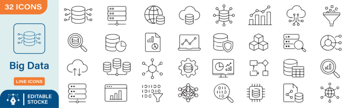 32 Big Data Vector Outline Icons Set &ndash; Data Analytics, Data Science, Database, Cloud Computing and Business Intelligence Line Symbols Collection