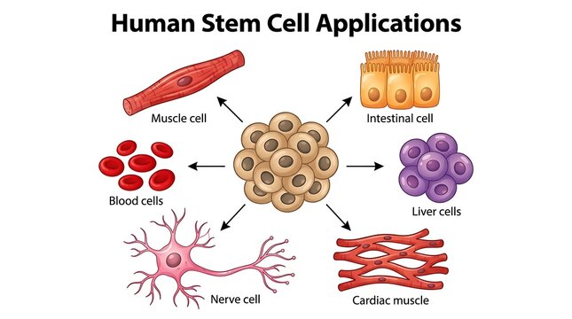 Diagram showing various human stem cell differentiation into specialized cells