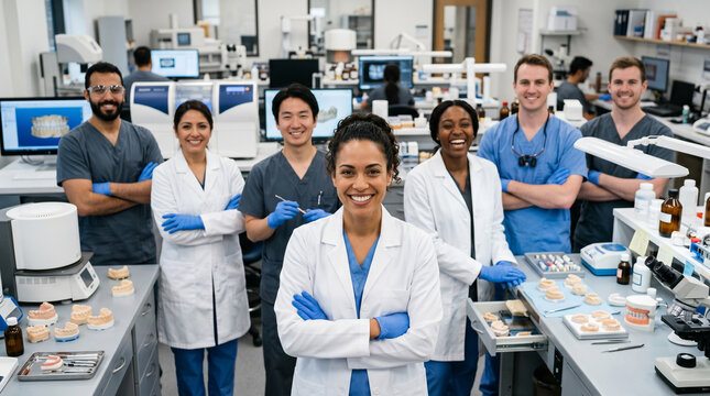 Confident dental laboratory manager leads diverse team of technicians in modern lab, showcasing collaboration, dental technology, precision craftsmanship and professional healthcare with copy space.