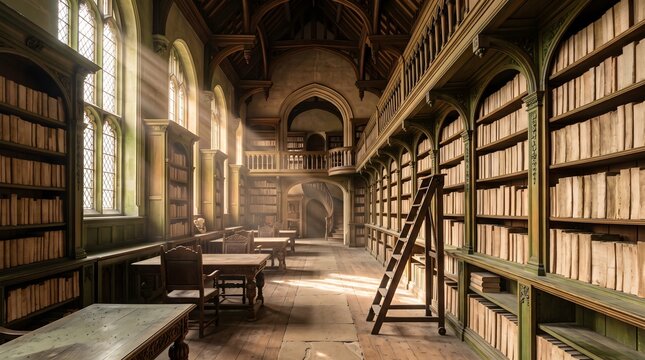 Interior of an Ancient Gothic Library with Sunlight Beams