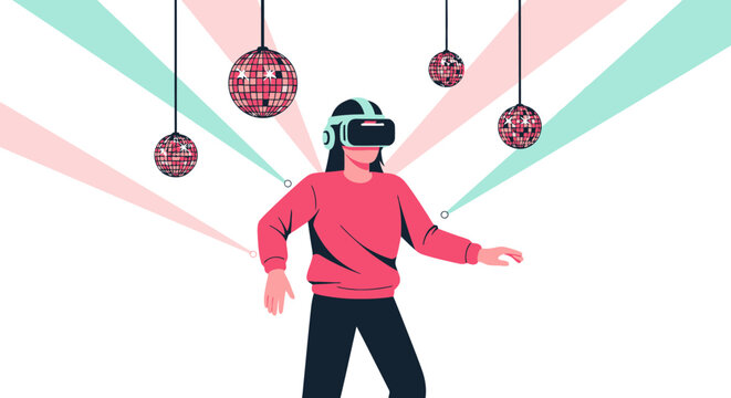 Woman Wearing VR Headset Dancing in a Virtual Reality Metaverse Party with Disco Balls Flat Vector Illustration