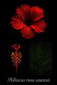 Vibrant hibiscus rosa-sinensis flower with reproductive structures and detailed leaf in botanical collage