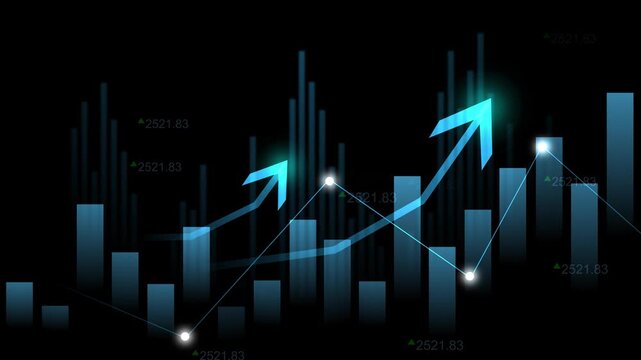 Dark abstract financial chart with glowing bar and line graph elements animation