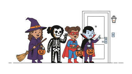 Halloween Trick-or-Treaters: A group of cheerful children dressed in spooky and heroic Halloween costumes, holding candy buckets, stand expectantly at a door, ready for trick-or-treating. © abidakhatun