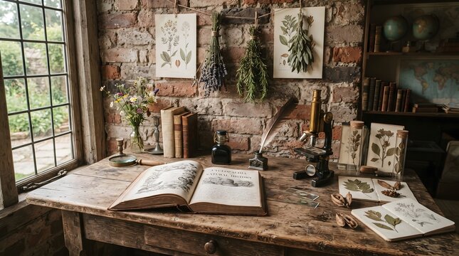 Rustic Desk Setup with Antique Botanical Study Materials and Quill Pen by a Window