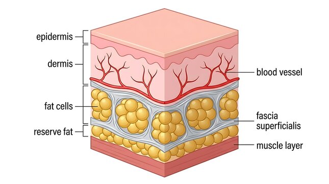 Cross section illustration of human skin layers including fat and blood vessels
