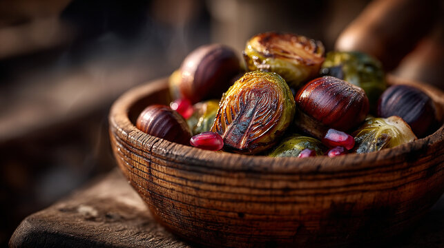 Roasted chestnuts and pomegranate seeds in a rustic wooden bowl with chestnut, pomegranate