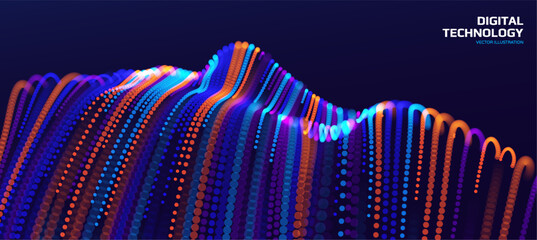 Fototapeta na wymiar Dots form a human face, looking upward. Modeling or scanning process. Technological concept. A digital head, represented as a high-speed data stream. Vector for brochure, poster, cover, presentation.