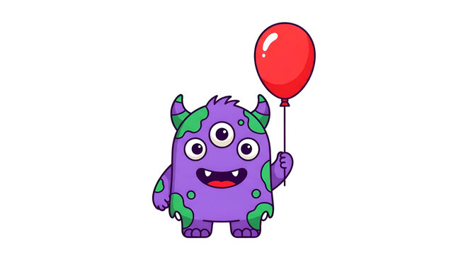 Cute Purple Monster Holding Red Balloon.