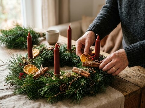Woman making handmade Advent wreath with candle, dried orange, and cinnamon on wooden table. Festive Christmas home decor and hobby. Seasonal winter holiday craft and preparation.