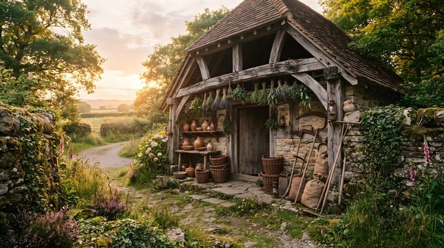 Rustic Stone Cottage with Traditional Pottery in Rural English Countryside
