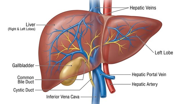 Human liver and gallbladder anatomy diagram with hepatic vessels, gallbladder