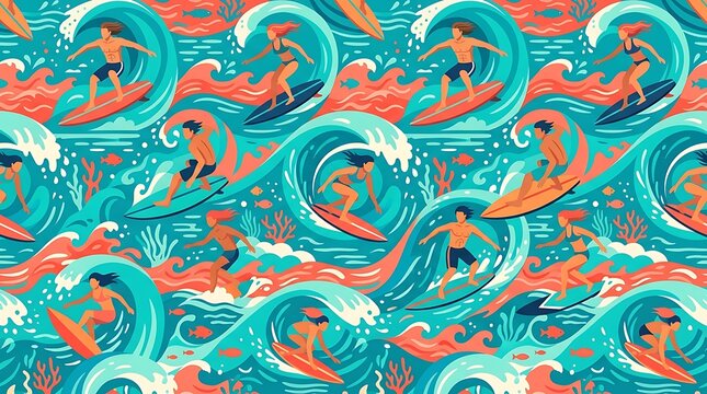 Colorful seamless pattern of people surfing on big ocean waves